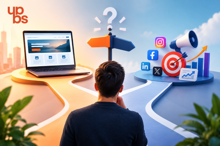 Business owner at a crossroads choosing website vs web app and marketing strategy