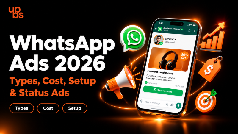 WhatsApp Ads 2026 featured image showing a phone with a WhatsApp Status ad, megaphone, price tag and target icons