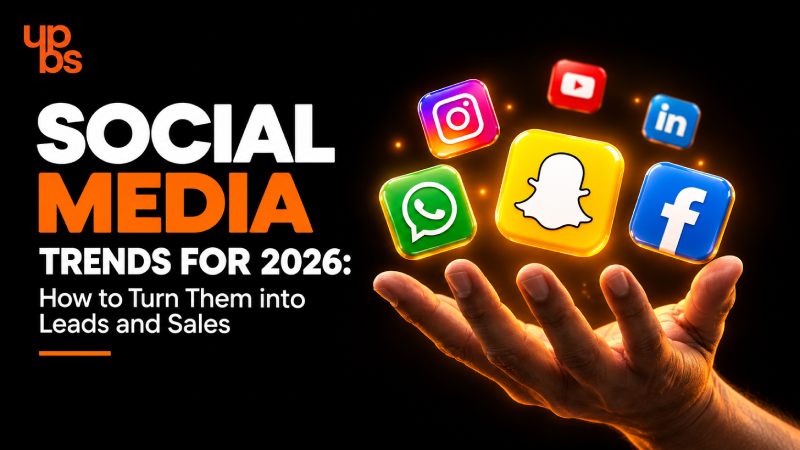 Social media trends for 2026 banner with a hand holding glowing social media app icons