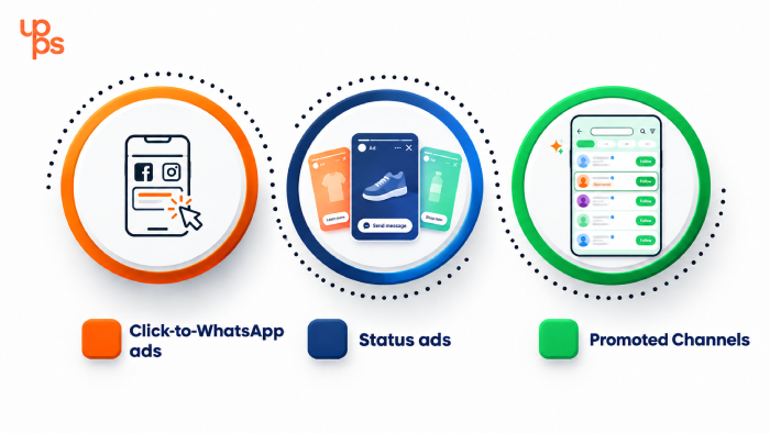 Types of WhatsApp ads infographic showing Click-to-WhatsApp ads, Status ads and Promoted Channels