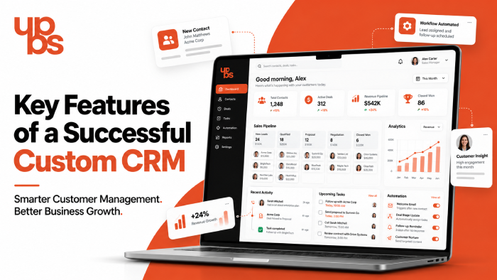 Key Features of a Successful Custom CRM System Key features of a successful custom CRM system, highlighting customer data management, sales automation, workflow integration, reporting, and customer relationship tracking.